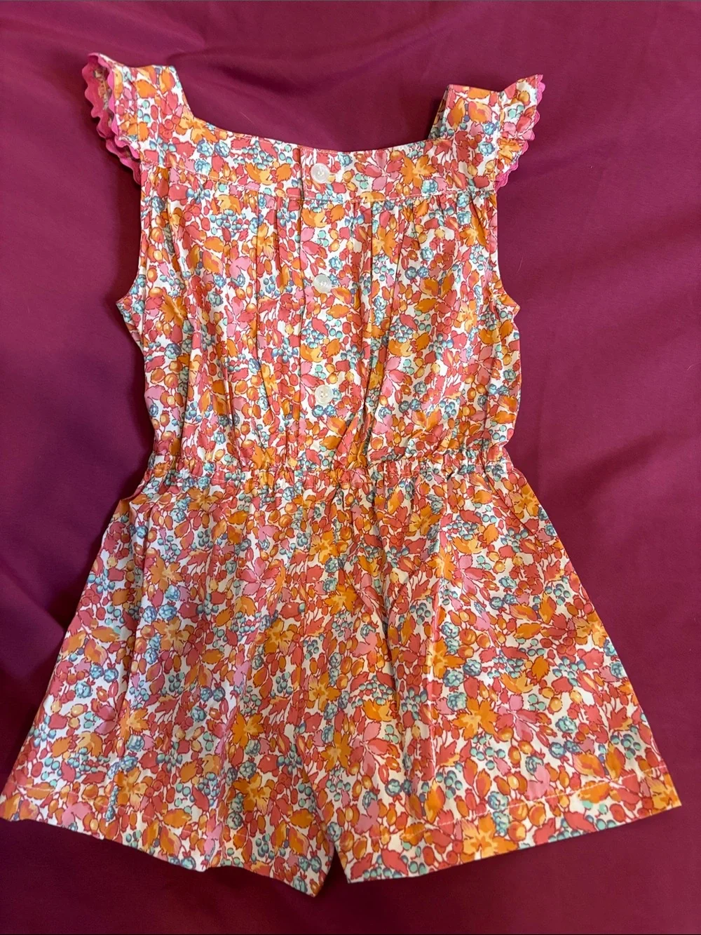Girls Floral Romper - Pink Orange Floral Print